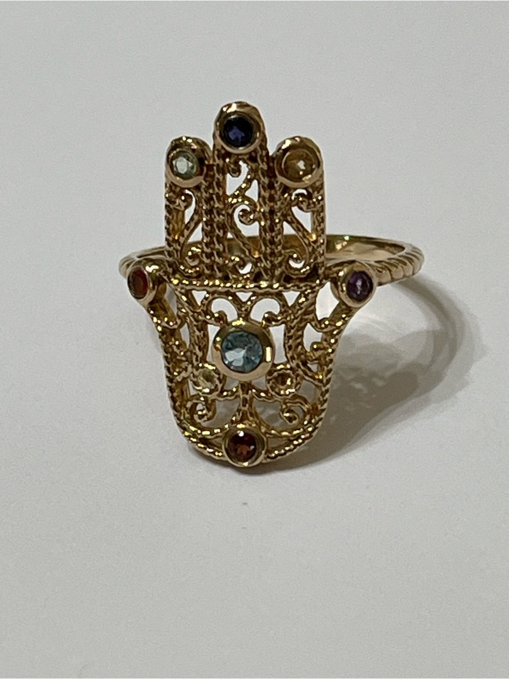 925 Sterling Silver 14K Gold Plated Hamsa Hand Chakra Gemstone Ring Sz 9
